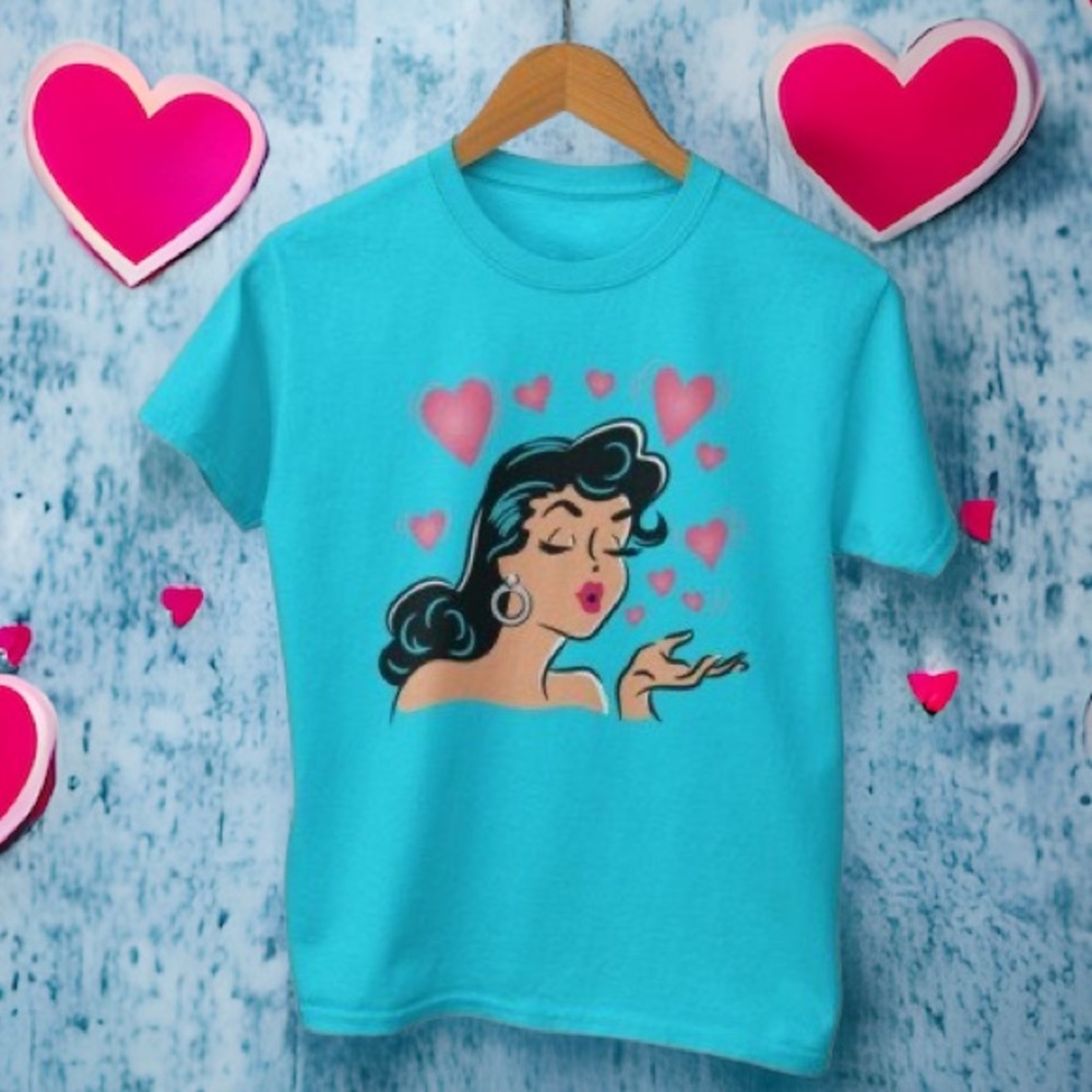Full of Love Valentine Heartbreaker Blue Pink Fitted T-Shirt Vintage Pinup Large
